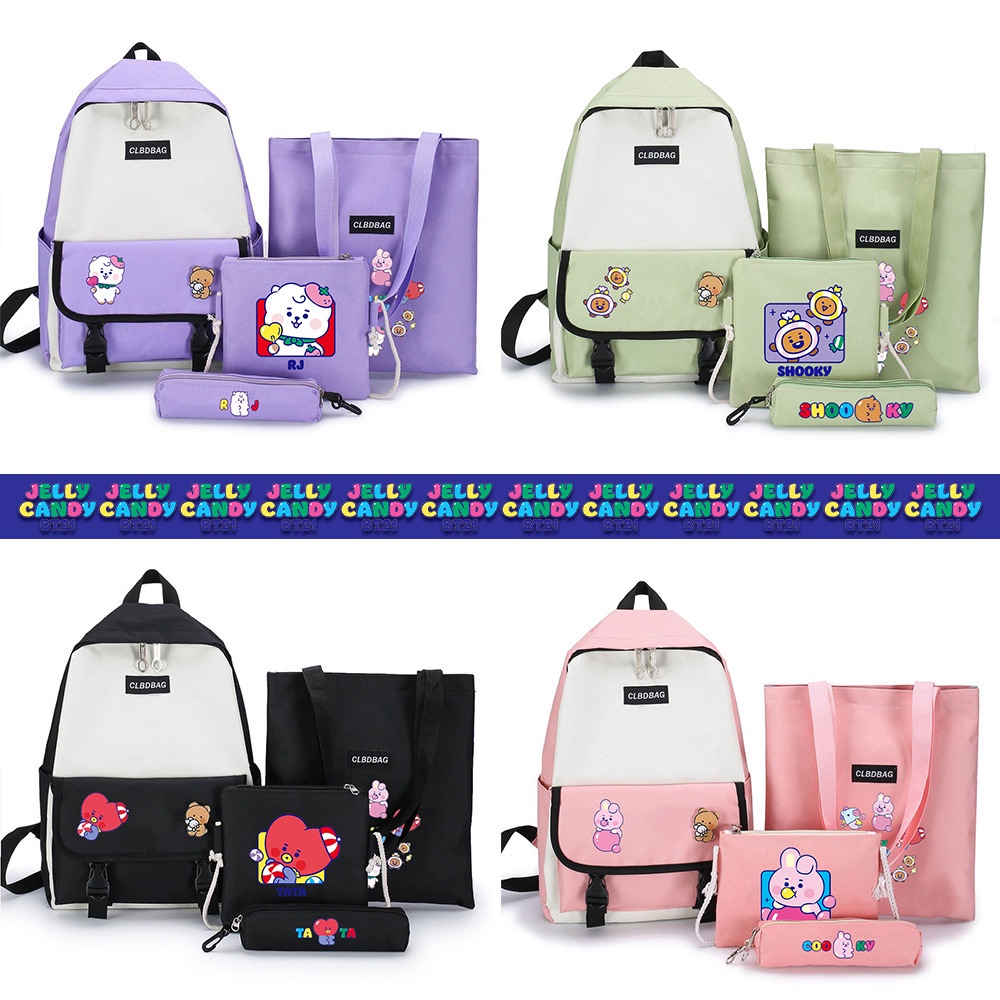 Bộ 4 Ba Lô Túi Ví canvas Đa Năng In Hình bt21 Hoạt Hình Dễ Thương