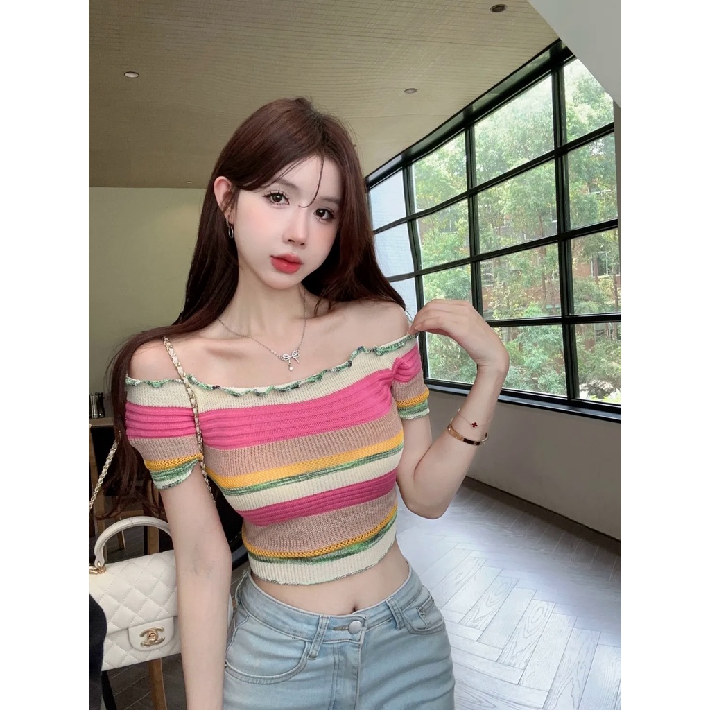 Áo Thun Dệt Kim Trễ Vai Tay Ngắn Kẻ Sọc Cầu Vồng Thời Trang Dành Cho Nữ