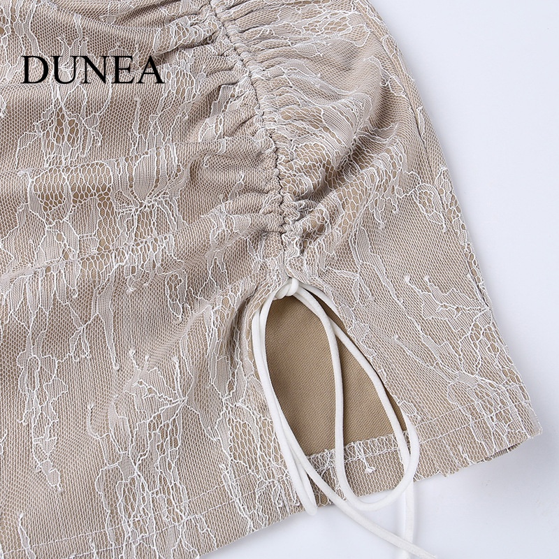 DUNEA Set Áo Váy Rút Dây Hai Lớp Phối Ren Thời Trang Mùa Hè Cho Nữ