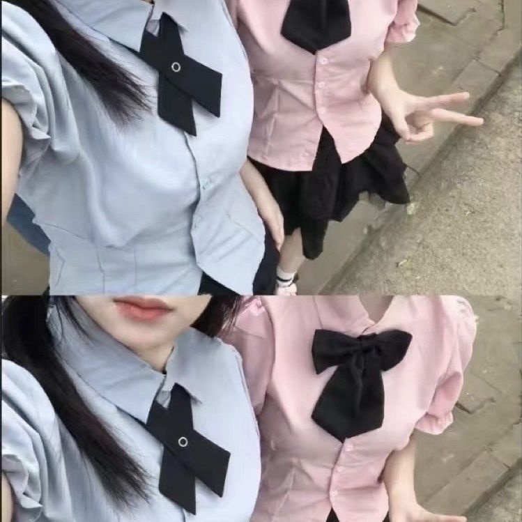 Bộ Đồng Phục Nữ Sinh Phong Cách Preppy Xinh Xắn Áo Sơ Mi Thắt Eo Hẹp Eo Hẹp Thời Tuổi Giảm Cân Bộ Áo Tay Phồng Ngắn + Chân Váy Lưng Cao Thời Trang Xinh Xắn Cho Nữ Đầm Nữ Kiểu Dáng Dễ Thương Xinh Xắn Hợp Thời Trang