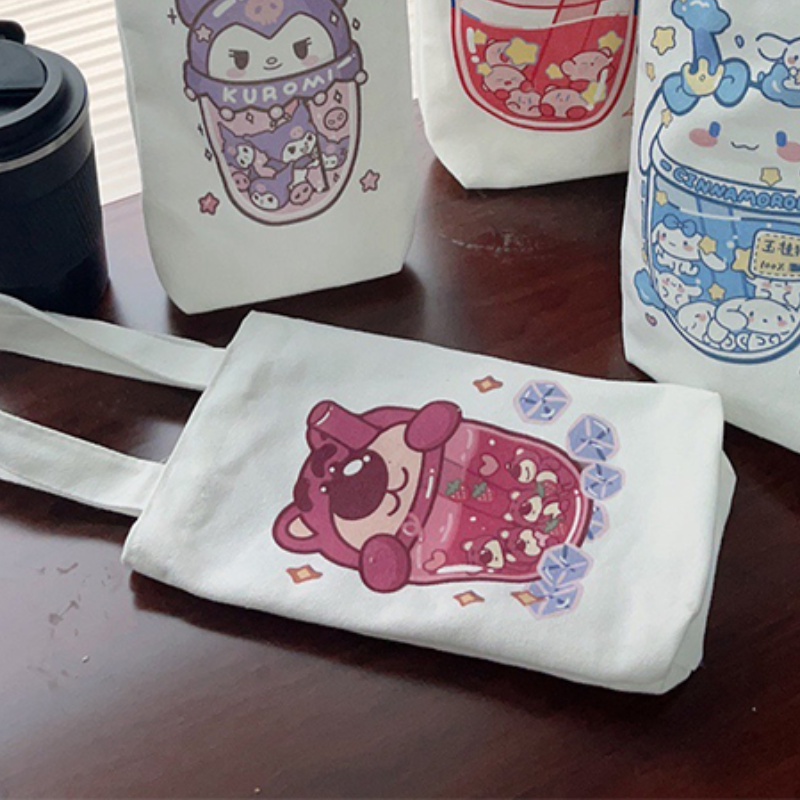 SANRIO Bộ Túi Canvas Đựng Bình Nước In Hoạt Hình Dễ Thương