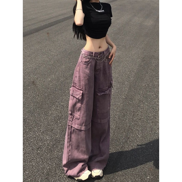 Quần Yếm Denim Lưng Cao Ống Rộng Màu Tím Phong Cách Retro Mùa Hè Mới Cho Nữ