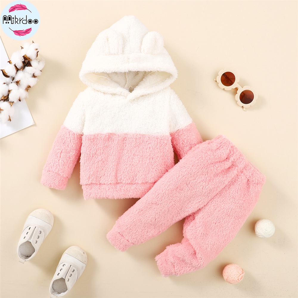 Set Đồ Mùa Thu 2 Món Gồm Áo Hoodie Tay Dài Phủ Lông + Quần Dài Giữ Ấm Mùa Đông Cho Bé Gái 0-2 Tuổi