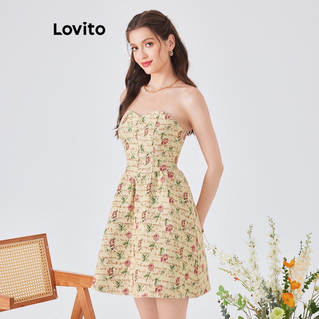 Đầm Lovito phong cách dự tiệc họa tiết hoa xếp nếp khóa kéo sau lưng dành cho nữ L54ED114 (nhiều màu sắc)