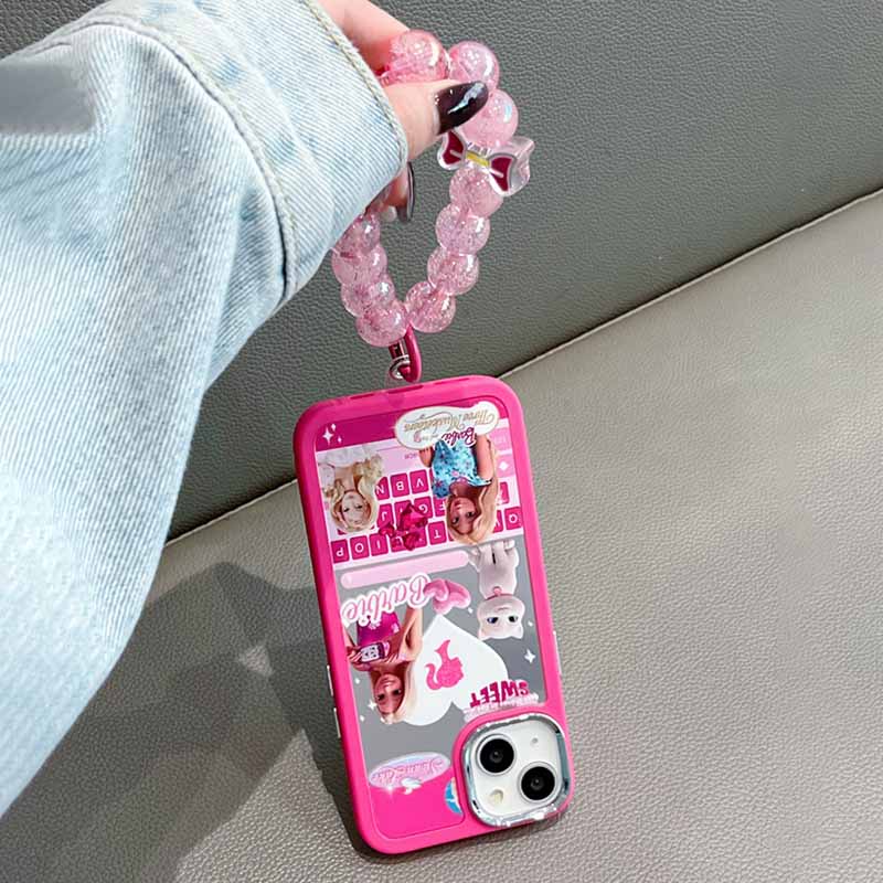 Ốp Điện Thoại Họa Tiết Búp Bê Barbie Mặt Gương Có Dây Xích Chống Rơi Cho iPhone 14 / 13 / 12 Pro Max