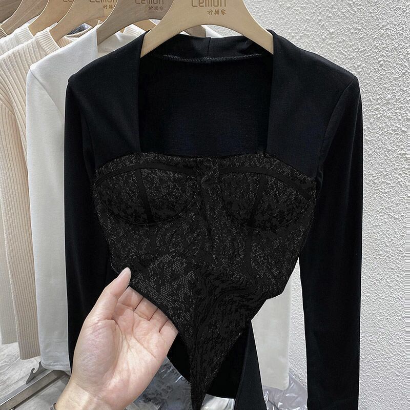 Thời trang nhung đức bên trong trận đấu cổ vuông áo sơ mi nữ mùa thu đông phong cách mới khâu giả hai-mảnh dài-tay