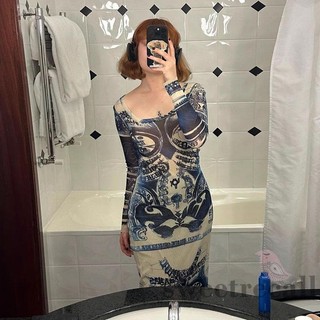 Swe-nữ Váy dài tay Bodycon lưới dài tay in họa tiết giản dị