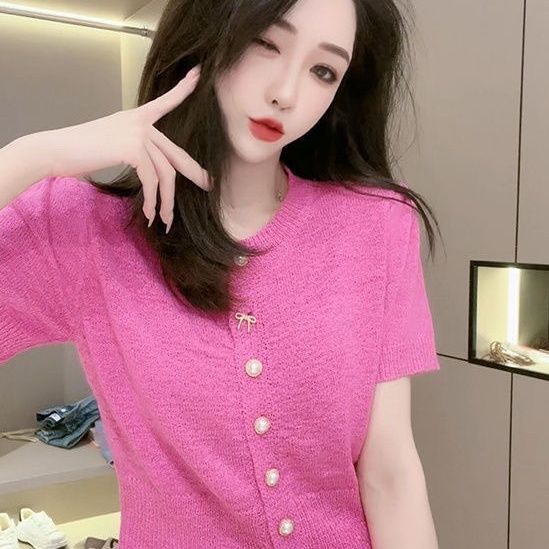 Áo Sweater Nữ Đính Nút Ngọc Trai Trắng Hồng Đỏ Phong Cách Mới 2023