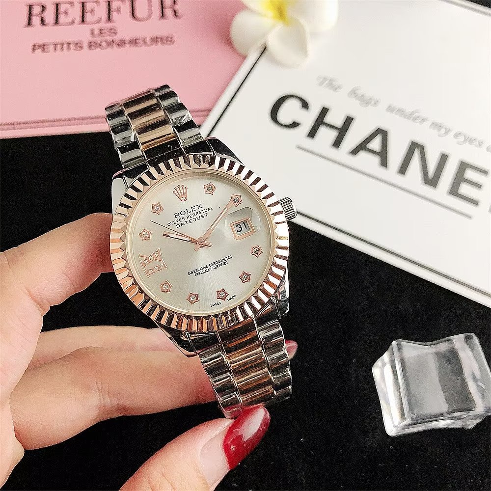 Đồng Hồ Rolex Mặt Tròn Đính Kim Cương Dây Da Thép Không Gỉ Thời Trang Cho Cặp Đôi