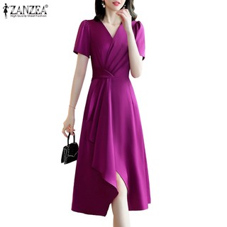 Đầm Chữ A Tay Ngắn Cổ Chữ V Xếp Ly Phong Cách Hàn Quốc Thời Trang Cho Nữ ZANZEA