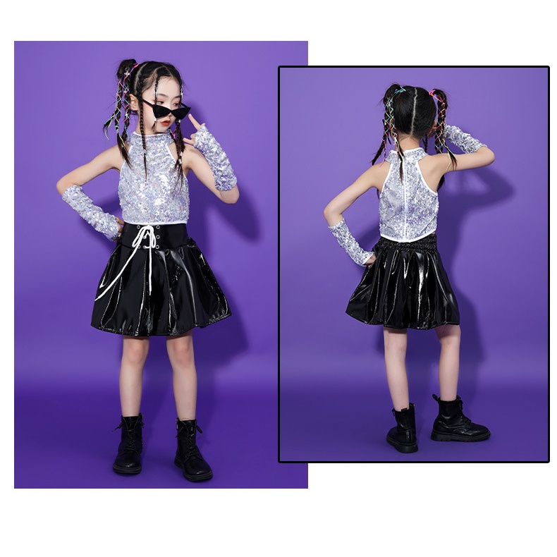 Trẻ em cô gái sequin trang phục phù hợp với vest không tay trên cùng với cuff váy da đen long lanh trang phục trẻ em hiphop jazz quần áo khiêu vũ đường phố hiện đại