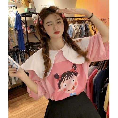 Áo Thun Tay Ngắn Dáng Rộng Cổ Búp Bê Màu Tương Phản Dễ Thương Phong Cách Hàn Quốc Cho Nữ