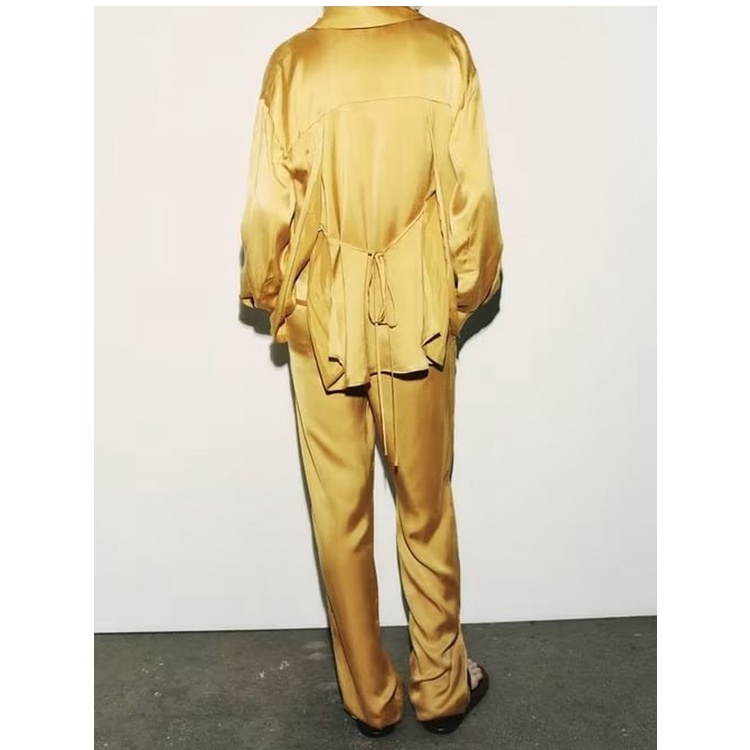 Zara Bộ Đồ Ngủ Áo Sơ Mi Vải satin + Quần Ống Loe Thời Trang Mùa Hè7858735 7859735