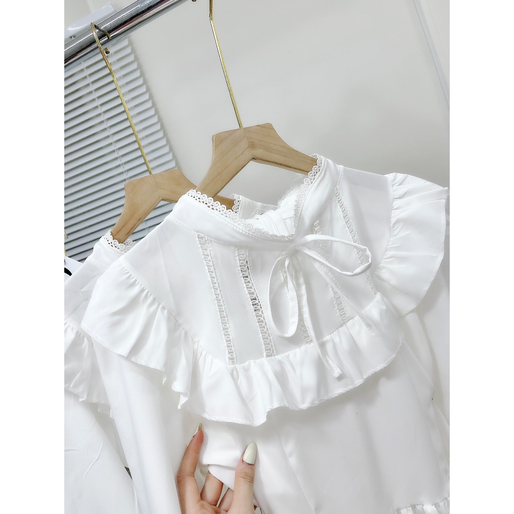 Váy Nữ Váy Đầm Nữ Dáng Xoè Dài Tay  Cổ Tàu Viền Ren Bèo Tiểu Thư Siêu Xinh