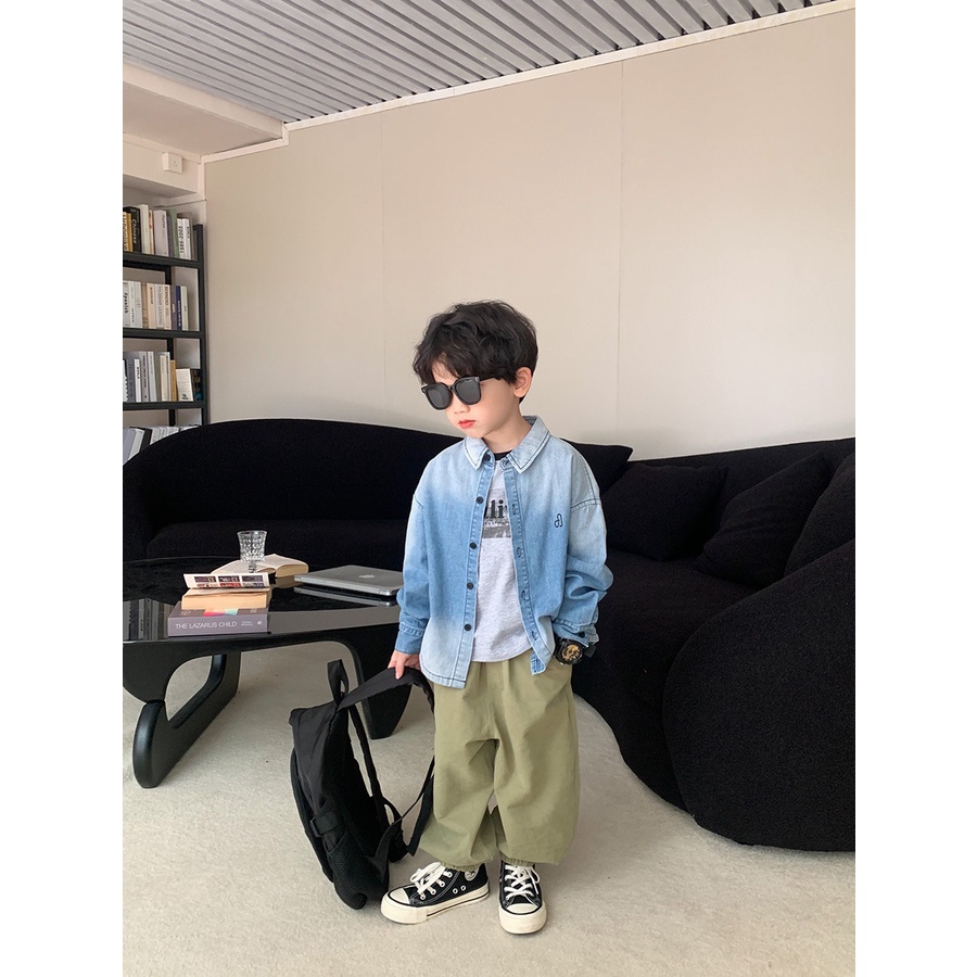 Áo sơ mi nam nhật bản và hàn quốc denim gradient áo sơ mi mùa thu cho bé trai trung và lớn