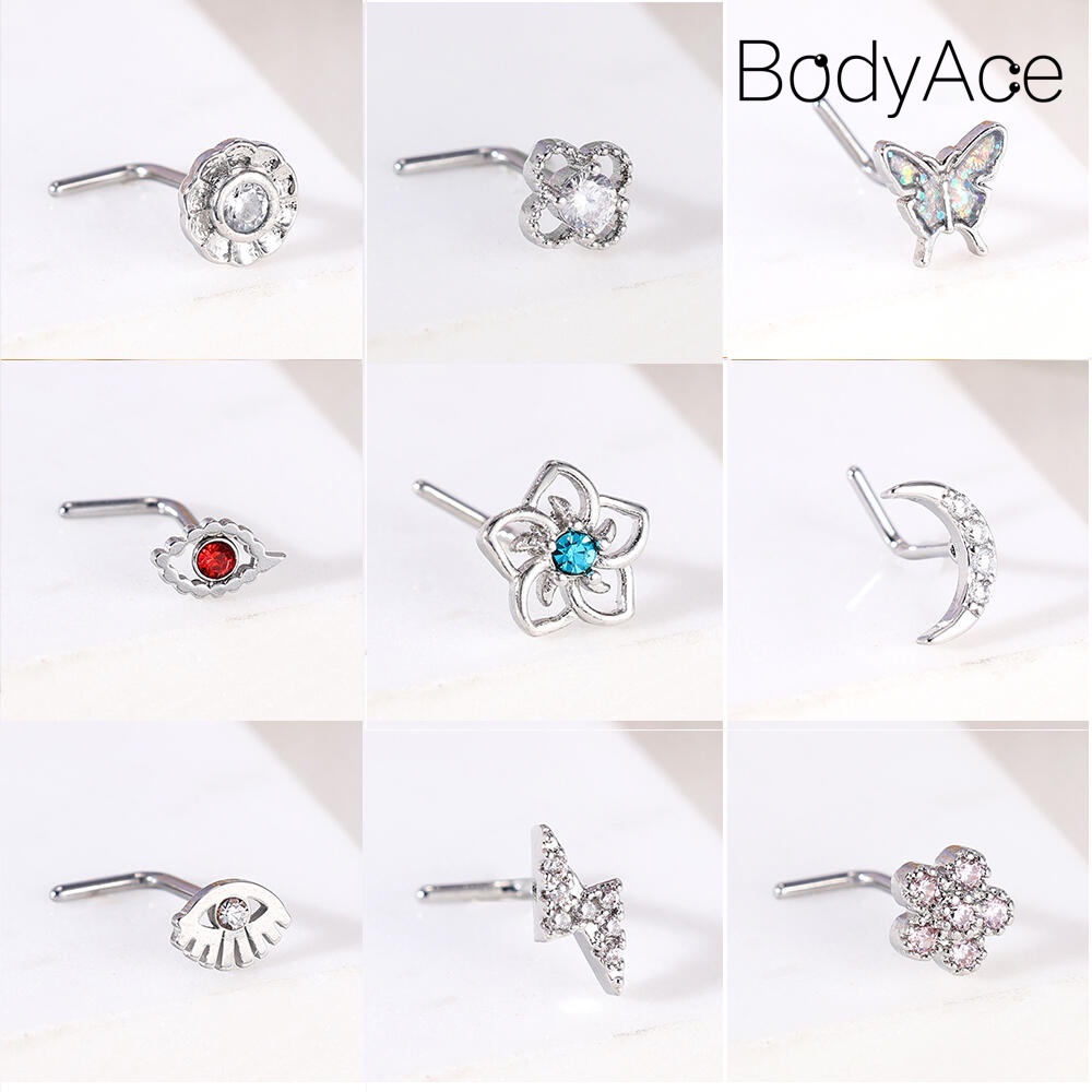 Bodyace 1pc 20g đinh tán mũi bằng thép không gỉ hình dạng l khuyên lỗ mũi pha lê khuyên mũi hình bướm hình dạng hoa đinh tán mũi
