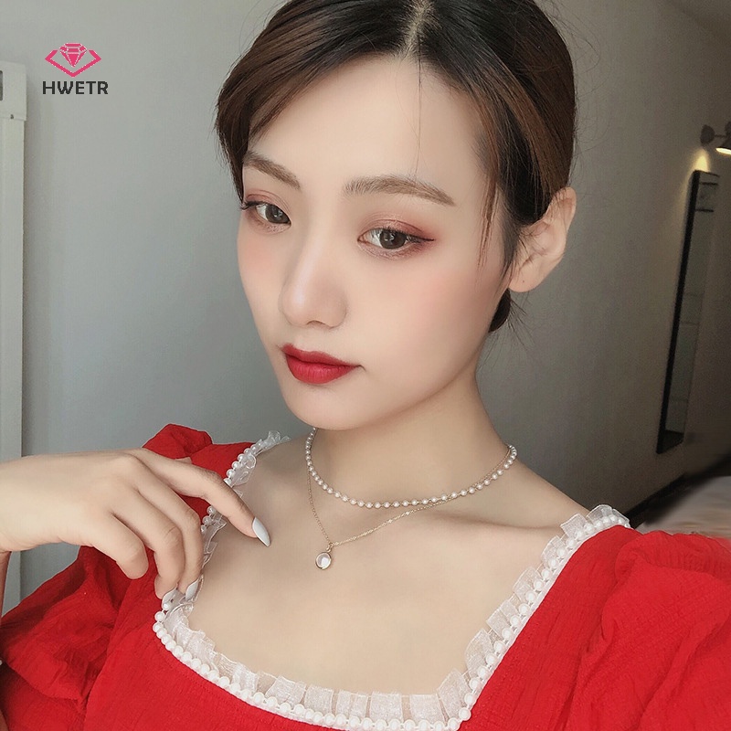 Dây chuyền HWETR hai lớp phối ngọc trai giả thời trang Kpop
