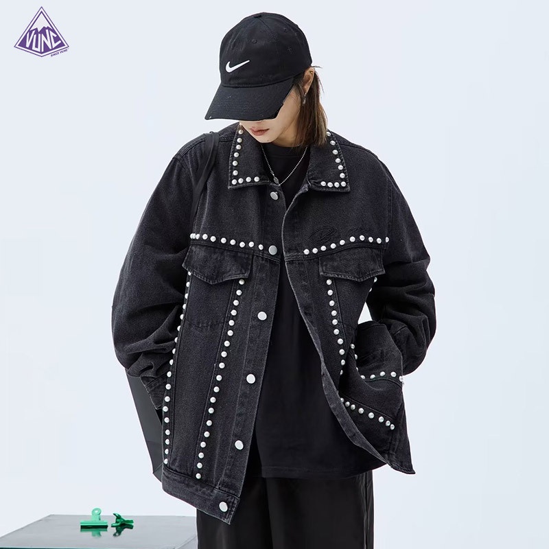 Áo Khoác Denim Đính Hạt Phong Cách Hip Hop Mỹ Thời Trang Cao Cấp Cho Nam