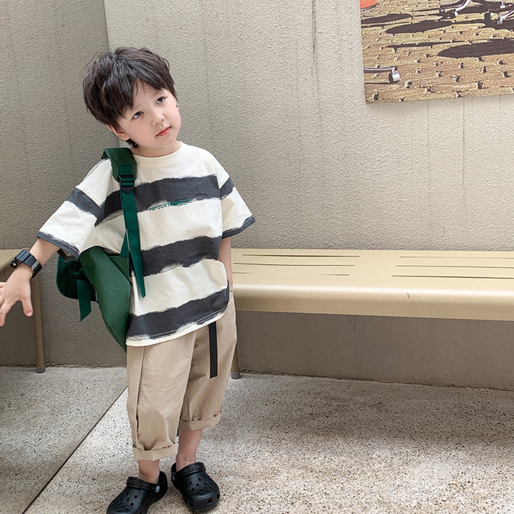 Áo sơ mi trẻ em bé trai và bé gái mẫu mùa hè đẹp trai sọc ngắn tay áo t-shirt chữ em bé in áo sơ mi đáy rời