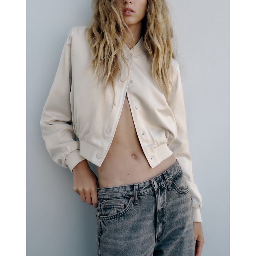 Zara autumn new stand neck silk satin textured short pilot jacket coat 4432771