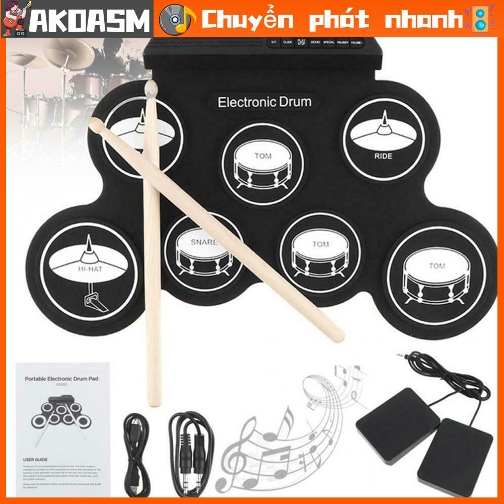 AKOASM Bộ trống điện tử 7 miếng đệm 5 giai điệu 8 bài hát trình diễn 3 nhịp USB di động Cuộn tập