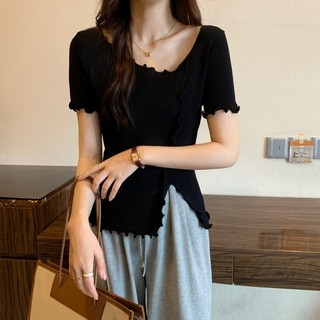 Áo Thun Dệt Kim Mỏng Tay Ngắn Dáng Ôm Xẻ Tà Kiểu Hàn Quốc Xinh Xắn Cho Nữ