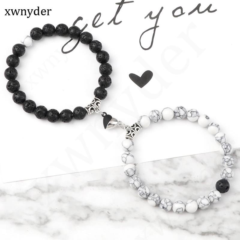 Âm dương trái tim nam châm cặp đôi vòng tay 2 cái / bộ 8mm hạt đá tự nhiên tình bạn vòng tay cặp trang sức thời trang cho phụ nữ đàn ông
