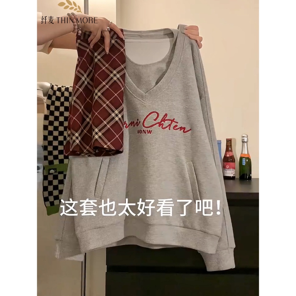 Original waffle american jacket autumn winter vest sweatshirt] more [two-piece suit women trùm đầu phong cách mới thin nmor