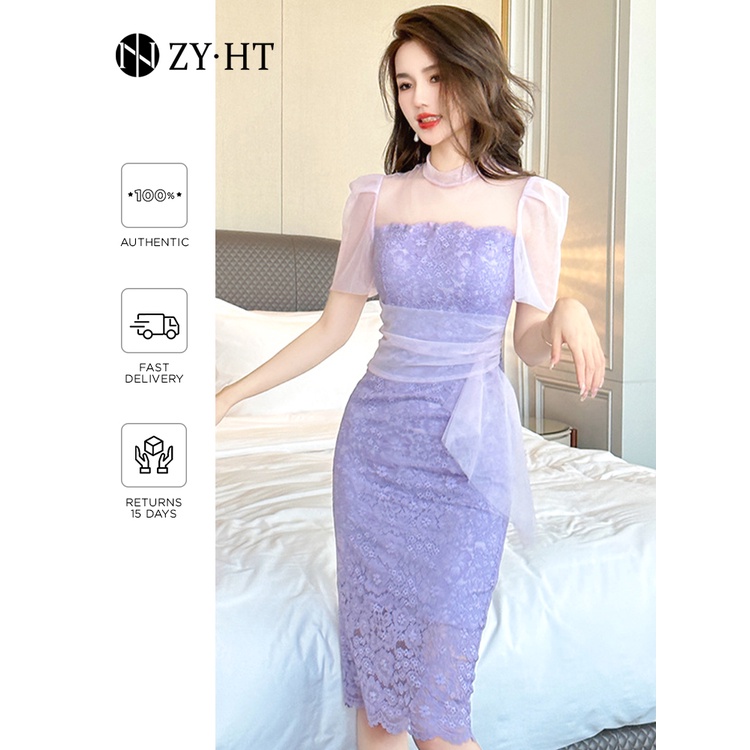 ZYHT Đầm Body Màu tía Cao cấp Khí chất thanh lịch Mảnh mai váy ngang hông đầm ren 20366
