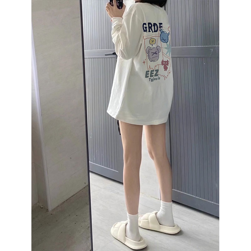 Chalizi autumn 100% cotton dài tay t-shirt nữ phiên bản hàn quốc mẫu thời trang lỏng lẻo cổ tròn cặp đôi phong cách hàng đầu