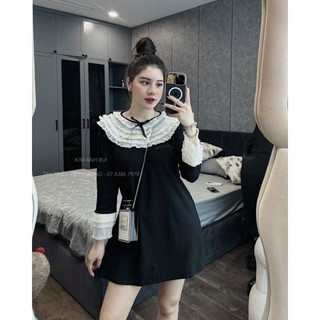 Váy đen xuông phối bèo trắng dập li nhí điệu đà