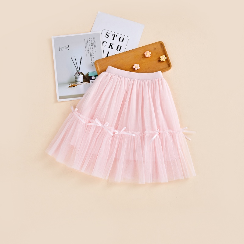 Váy cô gái thời trang nơ mùa hè trang trí công chúa puffy mesh mid-length váy quần áo trẻ em