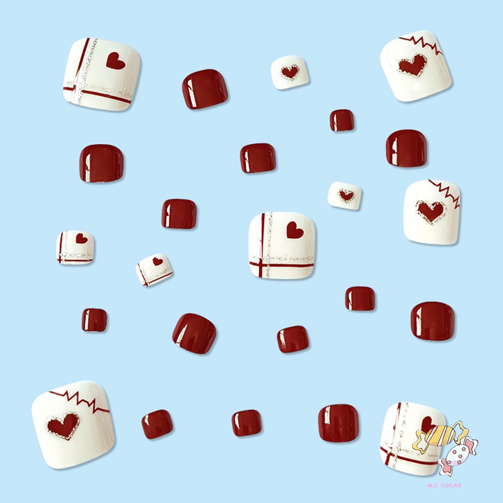 YADORNOS Nhấn vào móng chân màu đỏ trái tim giả móng tay giả móng chân giả thời trang móng chân nhân tạo