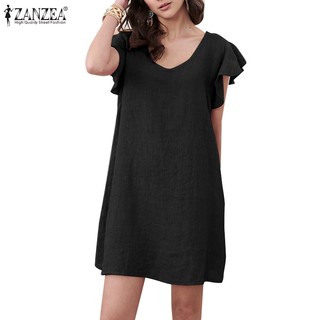 Đầm ZANZEA tay ngắn cổ chữ V xếp nếp thời trang dành cho nữ
