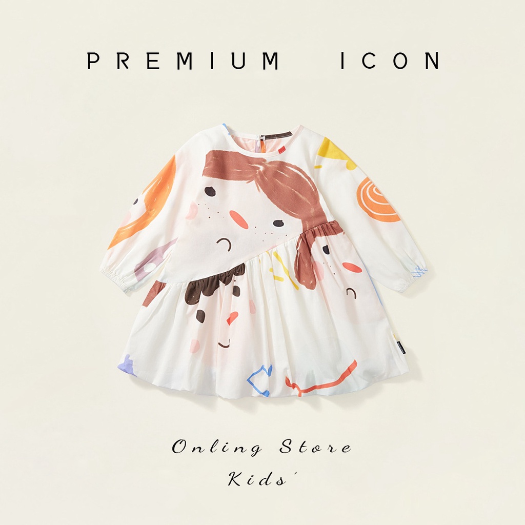 Quần áo trẻ em váy trẻ em gái quần áo trẻ em váy dài tay cho bé gái 2023 mùa thu phong cách mới trung nhỏ trẻ em màu hồng tay phồng graffiti váy trẻ em