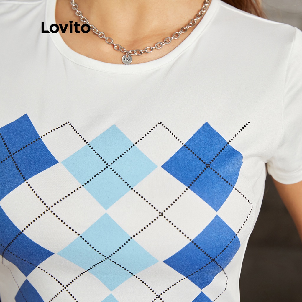Áo thun Lovito in hình vuông cổ tròn phong cách thường ngày L16D056 (màu xanh dương)