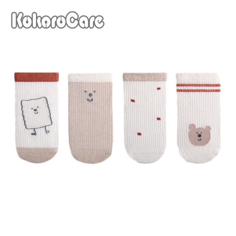 Set 4 Đôi Vớ Cotton Cổ Thấp Phối Lưới Mỏng In Hình Gấu / Bánh Quy Dễ Thương Thời Trang Xuân Hè KokoroCare YR-27 2023 S / M / L 1 Tháng-5 Tuổi