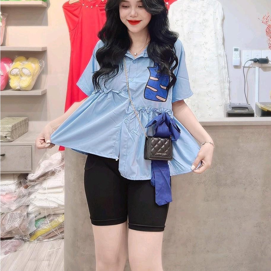 set bộ quần ngố thun Thái dẻo có thắt nơ to 92603 áo kiểu cổ sơ mi phối bèo. hàng free size dưới 54 kg
