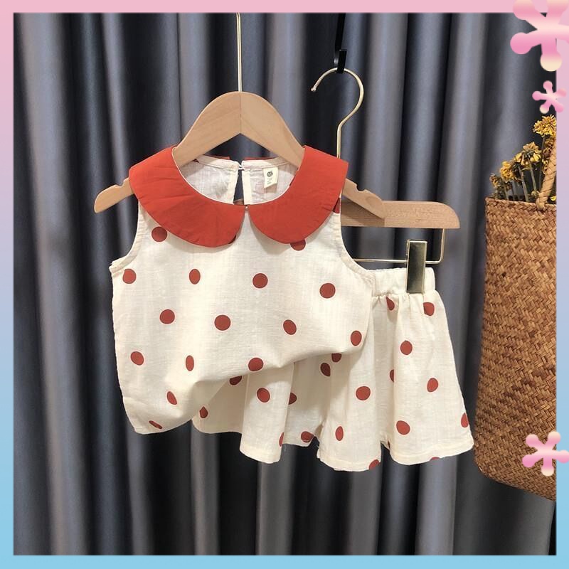 Set Đồ Mùa Hè Hai Món Bằng Vải Cotton Lanh Cổ Búp Bê Phong Cách Mới 2022 Cho Bé Gái
