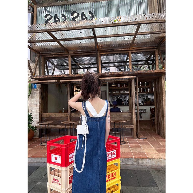 Đầm Yếm Denim Dáng Dài Không Tay Màu Sắc Tương Phản Phong Cách Hàn Quốc Thời Trang Mùa Thu 2021 Cho Nữ