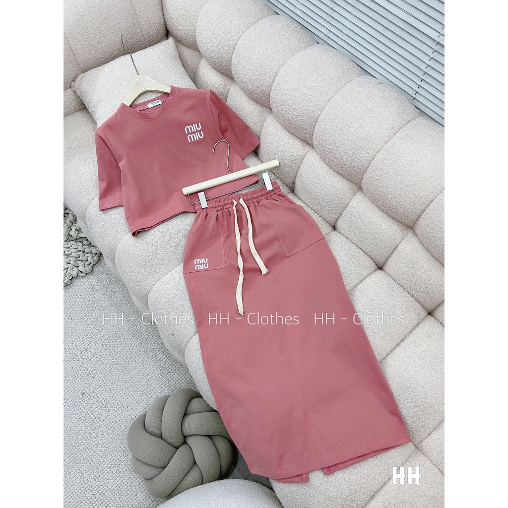 SET BỘ ĐI CHƠI, SET 2 MÓN ÁO THUN CROPTOP CỔ TRÒN TAY NGẮN PHỐI CHÂN VÁY DÀI HÀNG QUẢNG CHÂU CAO CẤP