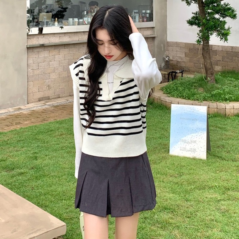 Áo vest kẻ sọc phong cách retro Hàn Quốc Áo len vest nữ cổ vest phong cách hàn quốc