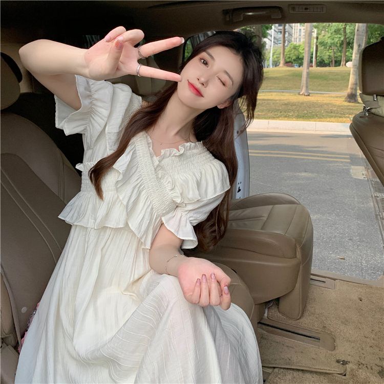 Đầm Midi Tay Phồng Ngắn Cổ Chữ V Thời Trang Hàn Quốc Xinh Xắn Cho Nữ