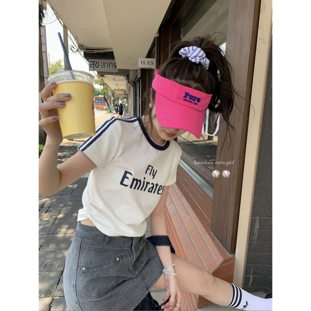 Áo Thun Ngắn Tay Phối Dây Rút In Chữ Thời Trang Mùa Hè 2023 Mới Cho Nữ