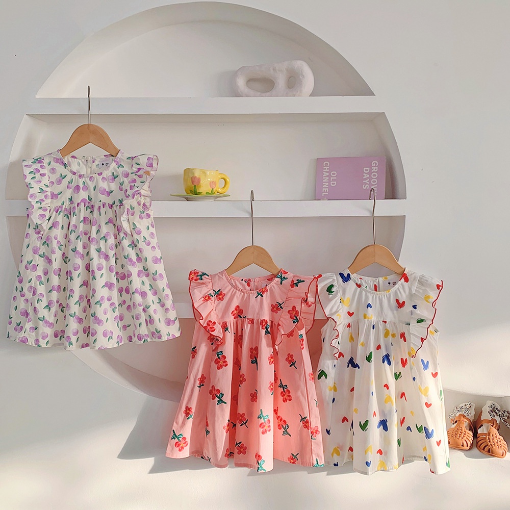 Đầm Công Chúa Baju Budak Perempuan Hoa Mùa Hè Tay Áo Cánh Sen Tình Yêu Cho Bé Gái Raya