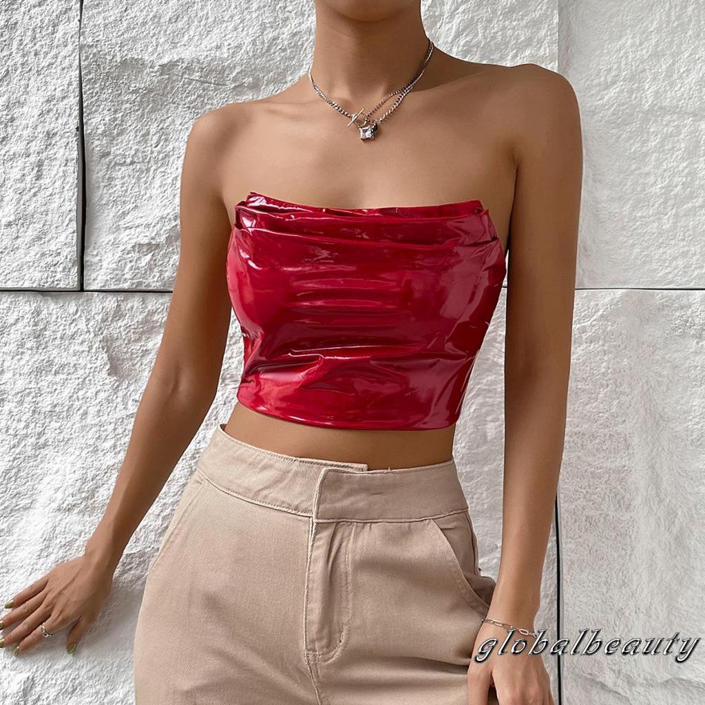 Áo Ống 00GB Bằng Da PU Màu Trơn Không Dây Quấn Ngực Có Khóa Kéo Thời Trang Mùa Hè Cho Nữ