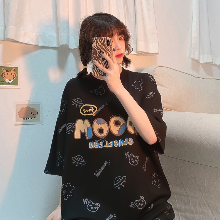 IELGY  Áo Thun Tay Ngắn Cổ Tròn In Họa Tiết Hoạt Hình Phong Cách Hàn Quốc Thời Trang Cho Nữ