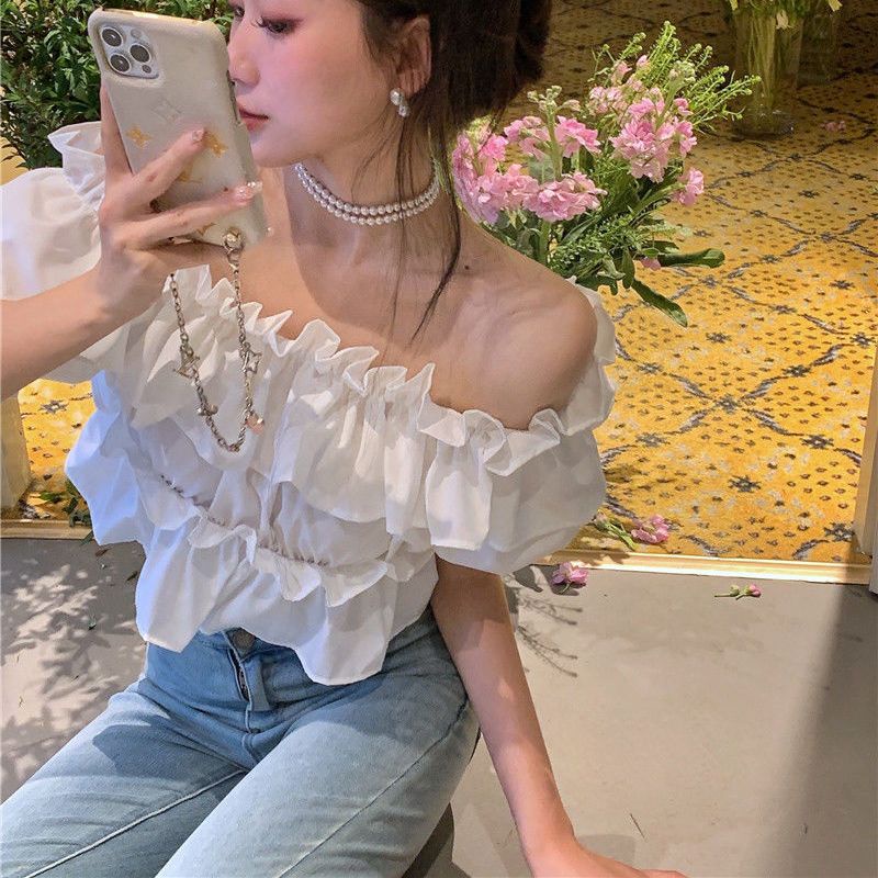 Jiashucheng Áo Sơ Mi Ngắn Tay Trễ Vai Ôm Dáng Phối Bèo Thời Trang Mùa Hè Cho Nữ