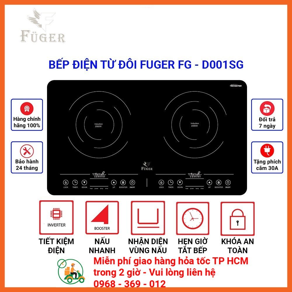 Bếp từ đôi Fuger FG - D001/ FG - D002. Bếp điện từ đôi inverter tiết kiệm 30% điện năng - Bếp để dương tiện lợi.