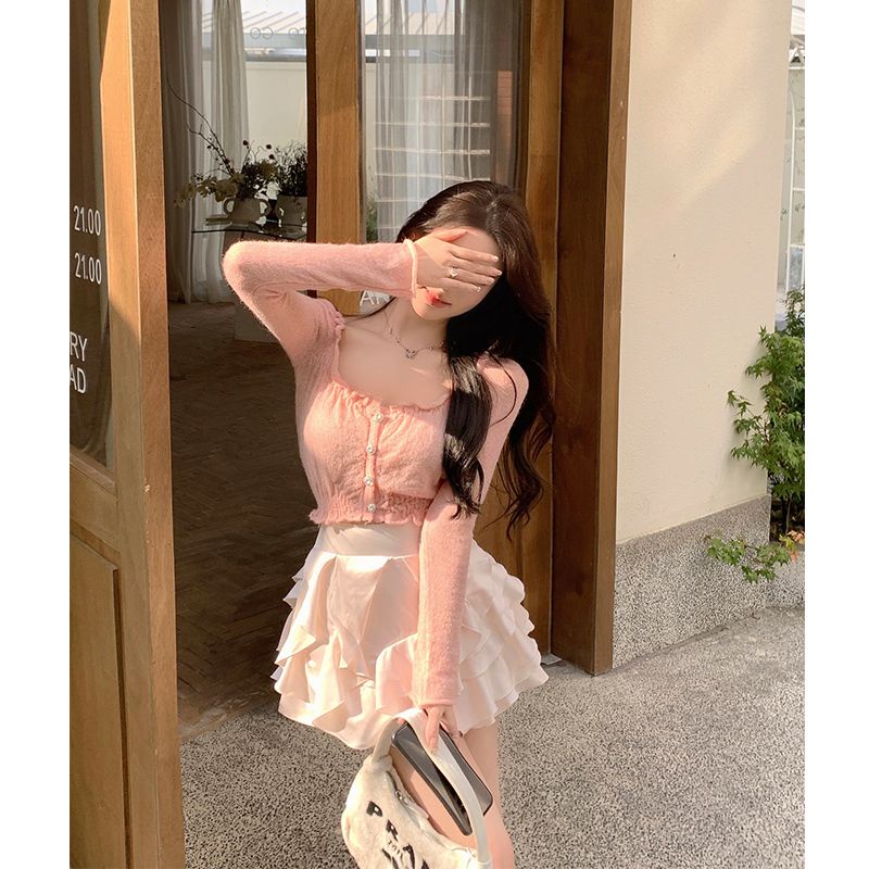 New Sweet square collar shoulder T-shirt cute skirt two-piece short thin long sleeve top flounced skirt set